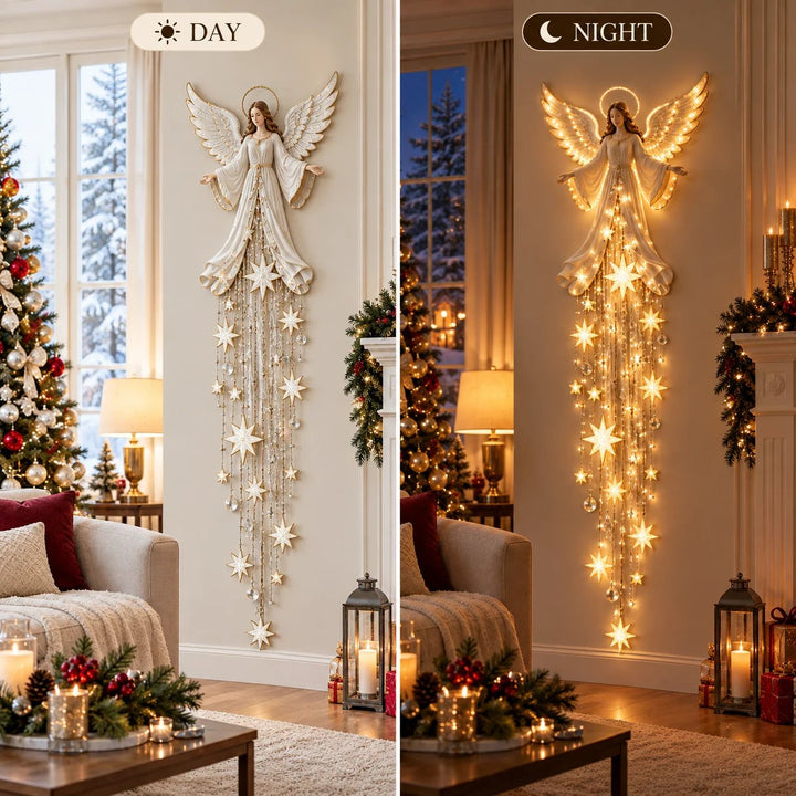 Engel-julevegglampe med glorie og fallende stjerner, varm hvit