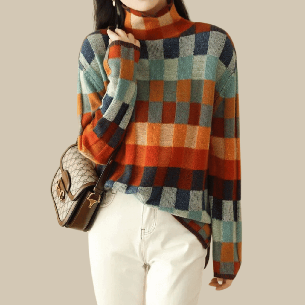 Women's sweater with patchwork in cashmere and polo neck
