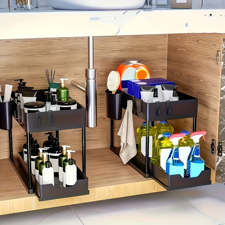Organizer i 2 nivåer med kroker og kopp – Smart og stabilt oppbevaringssystem for under vasken eller på benken