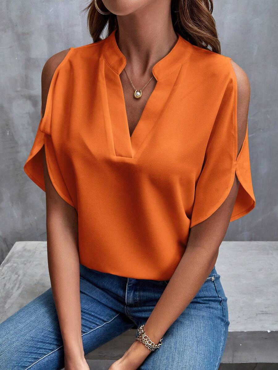 V-neck blouse with short, flared sleeves