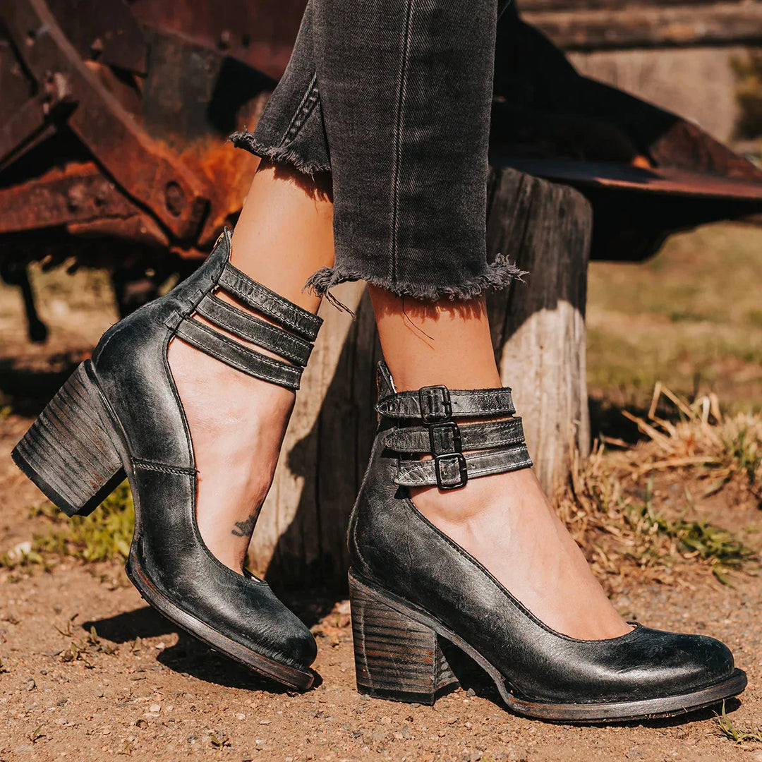Vintage-inspired pumps with ankle strap and chunky heel