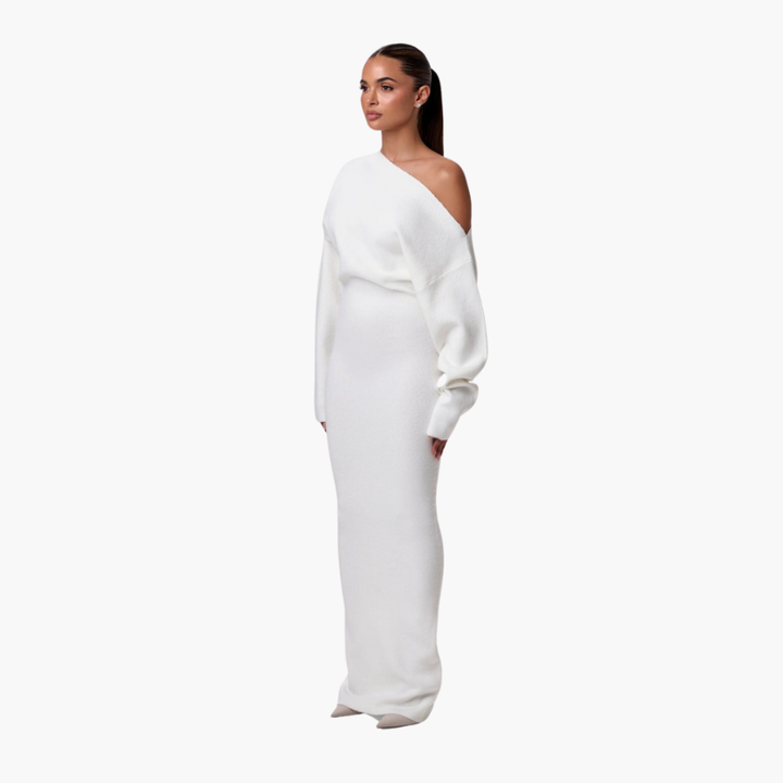 Off-Shoulder Strikkekjole for Damer – Elegant Kveldskjole