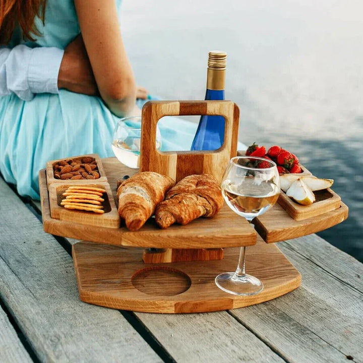 Portable wooden wine table for picnic