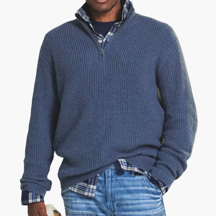 Menns Ribbet Strikket Pullover med Halv-Glidelås Hals