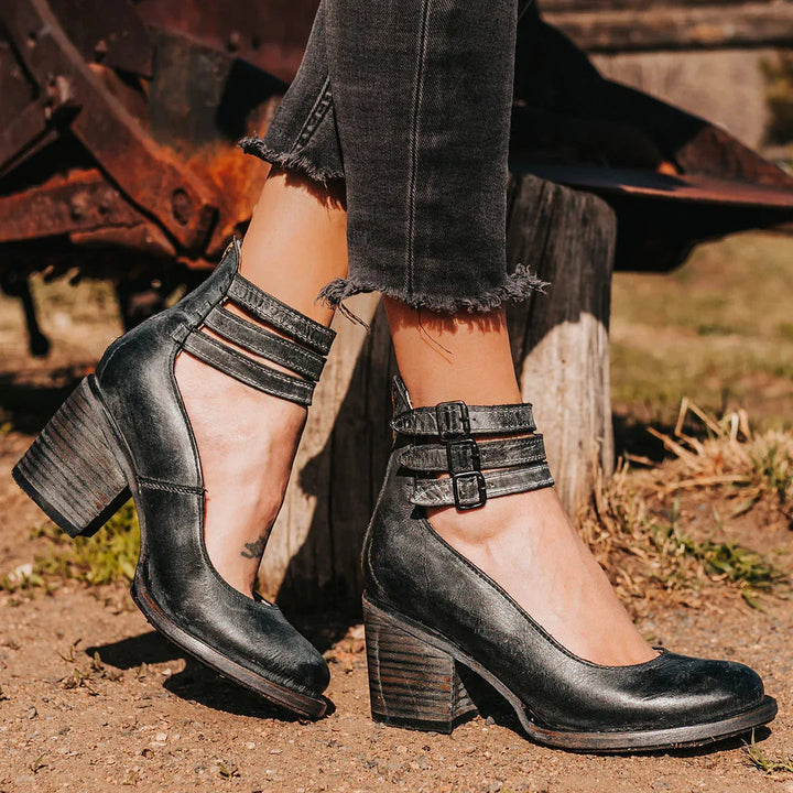 Vintage-inspired pumps with ankle strap and chunky heel