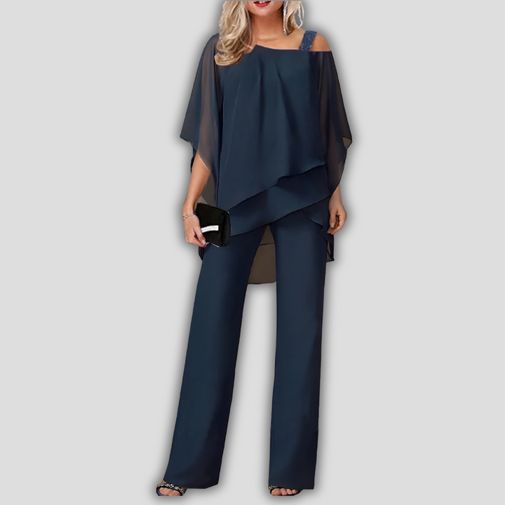 Elegant 2-piece chiffon pantsuit with layered cape top