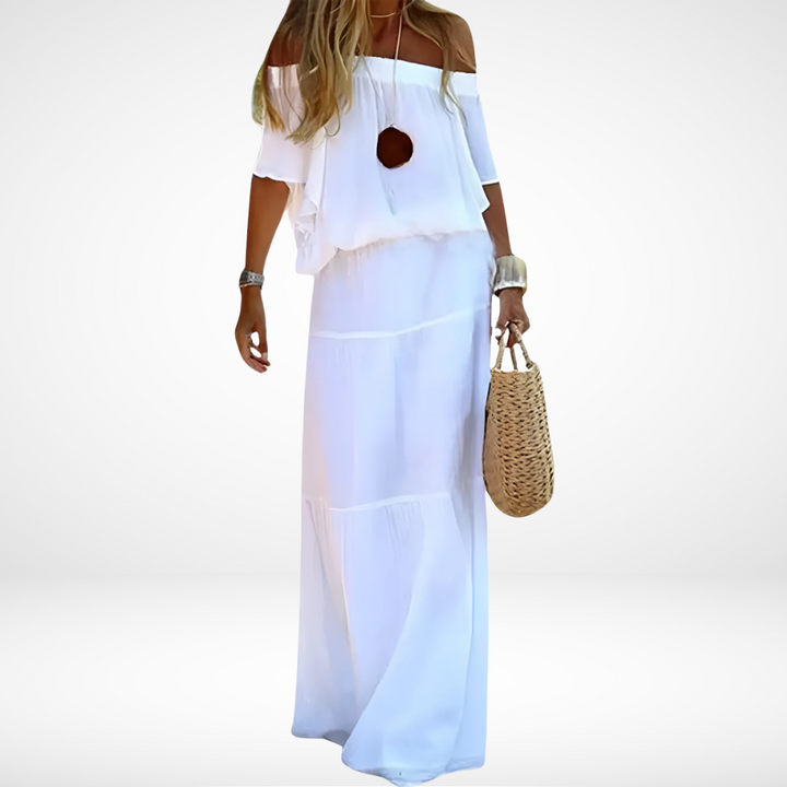Elegant white maxi beach dress with off-shoulder fit