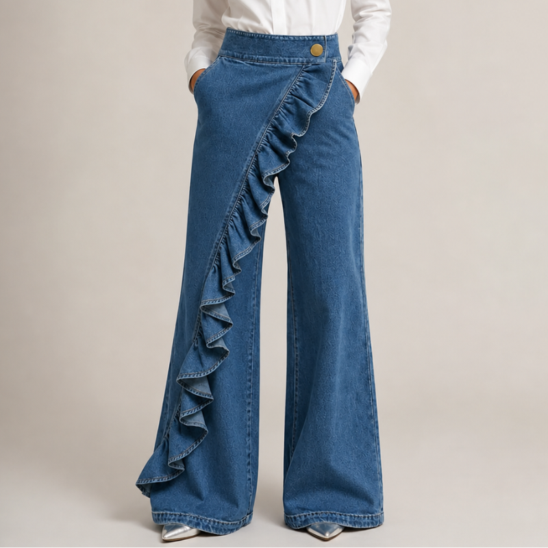 Vid dendimbukse til dame med asymmetrisk volang, culotte-stil