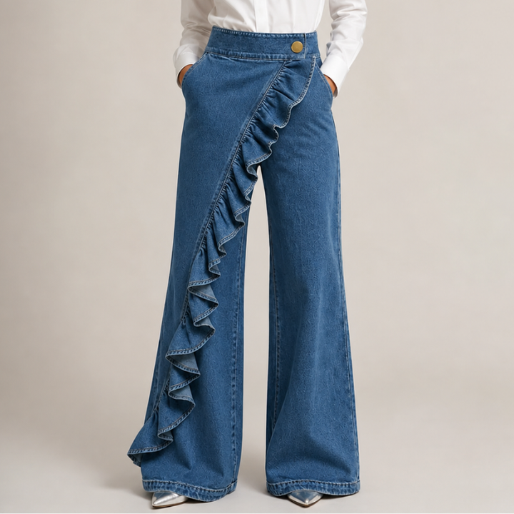 Vid dendimbukse til dame med asymmetrisk volang, culotte-stil