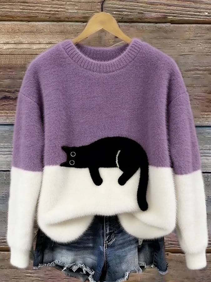 Oversized genser med kattetrykk