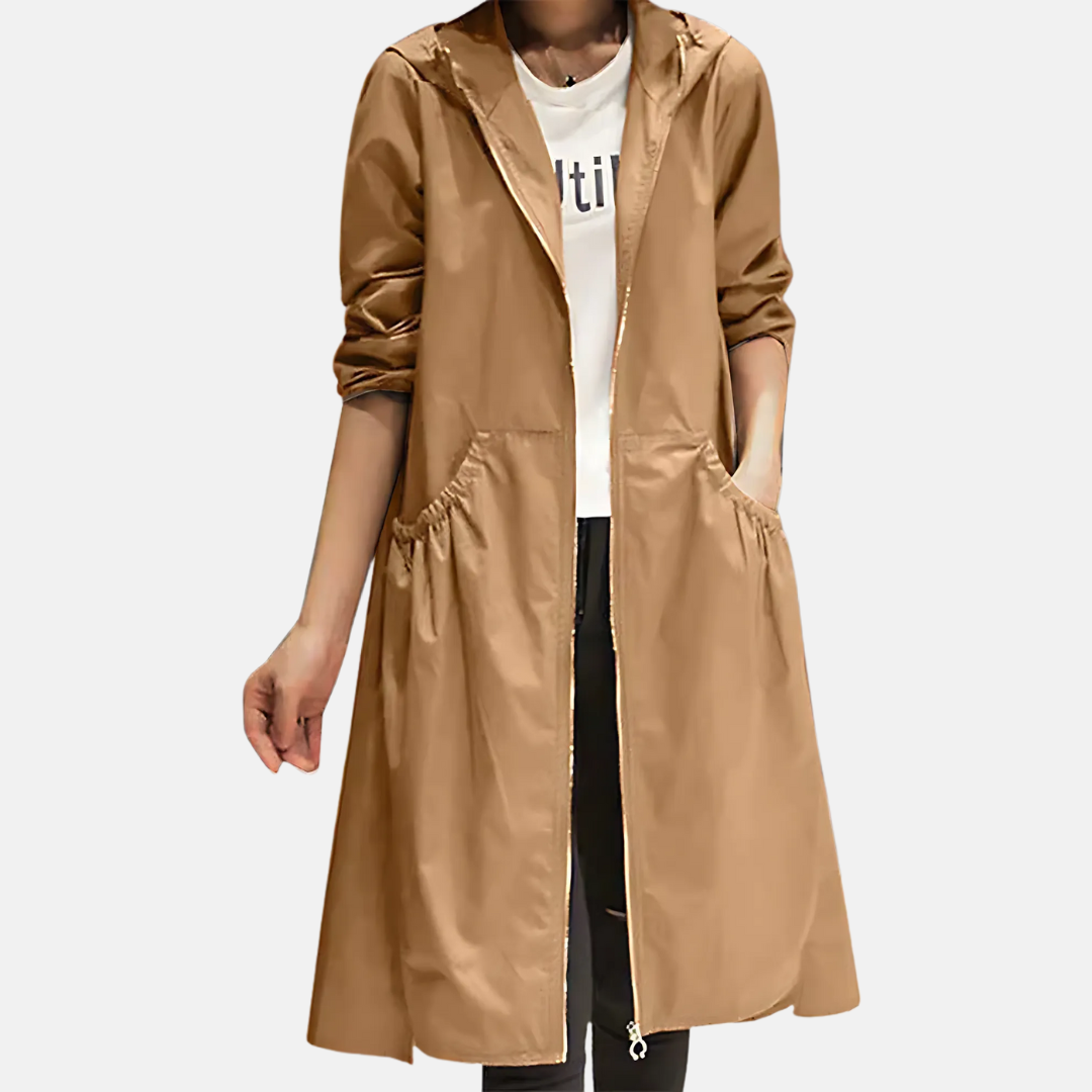 Waterproof hooded jacket for women, knee-length