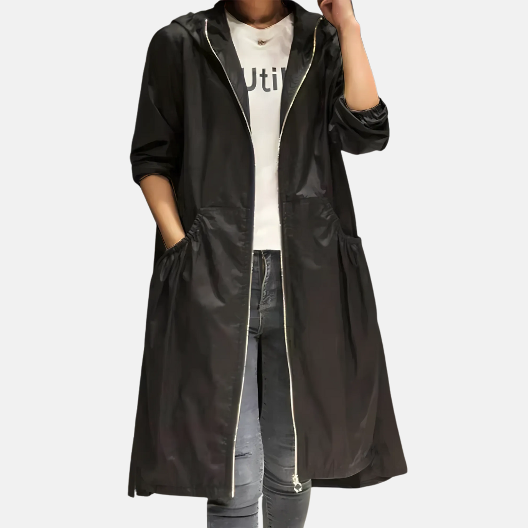 Waterproof hooded jacket for women, knee-length