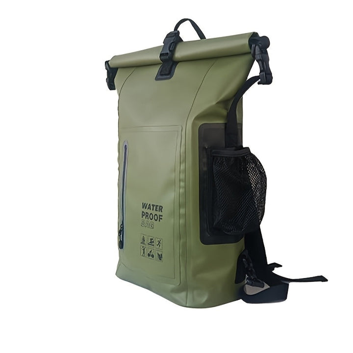 Vanntett 25L sekk med roll-top-lukking, flere lommer, solid spennelukking og nettsidelomme