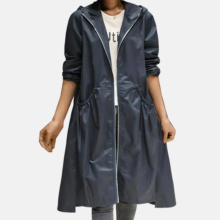Waterproof hooded jacket for women, knee-length