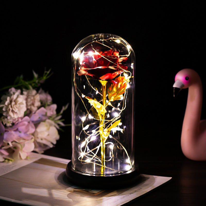 Rose under glasskuppel med LED-lys, romantisk gave