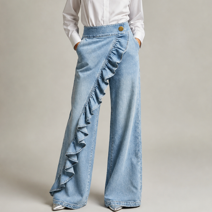 Vid dendimbukse til dame med asymmetrisk volang, culotte-stil