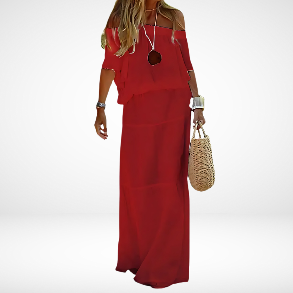 Elegant white maxi beach dress with off-shoulder fit