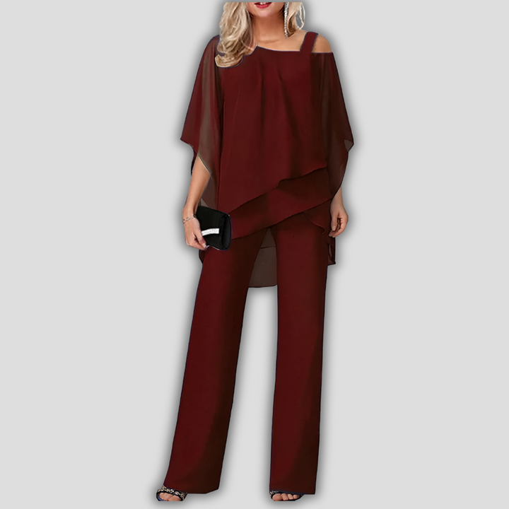 Elegant 2-piece chiffon pantsuit with layered cape top