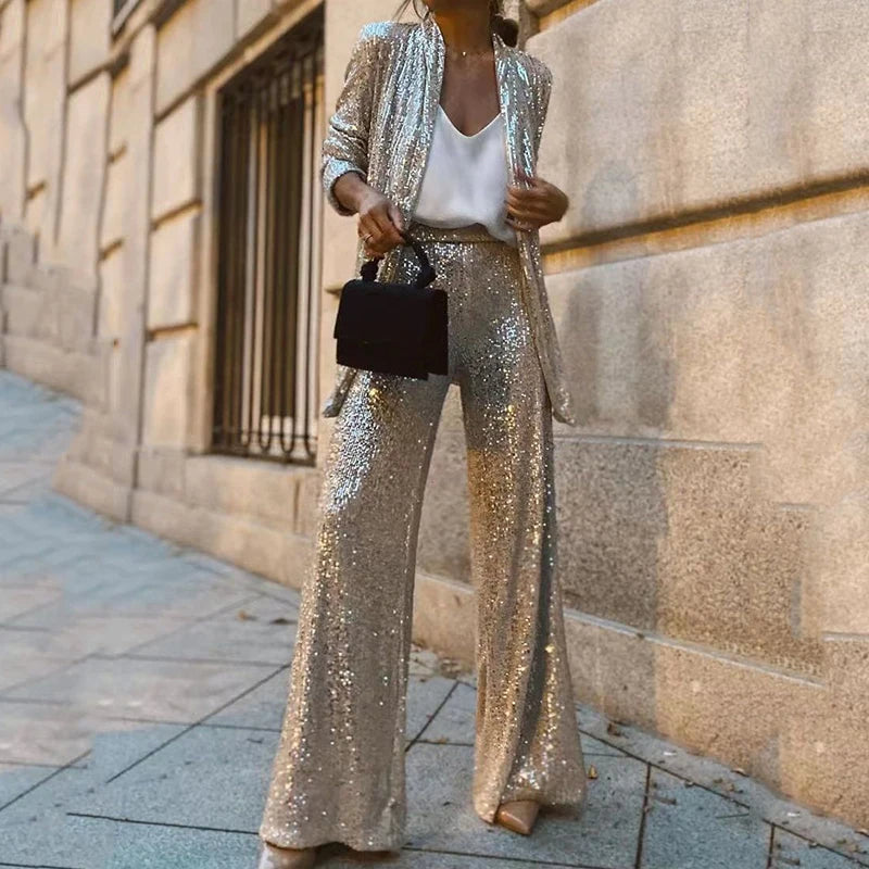 To-Delt Sequin Set med Høy Livbukse