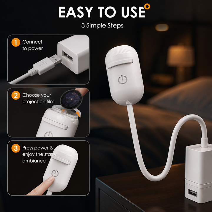 2-i-1 stjerneprojektor og varmt nattlys med utskiftbare folier, USB-drevet