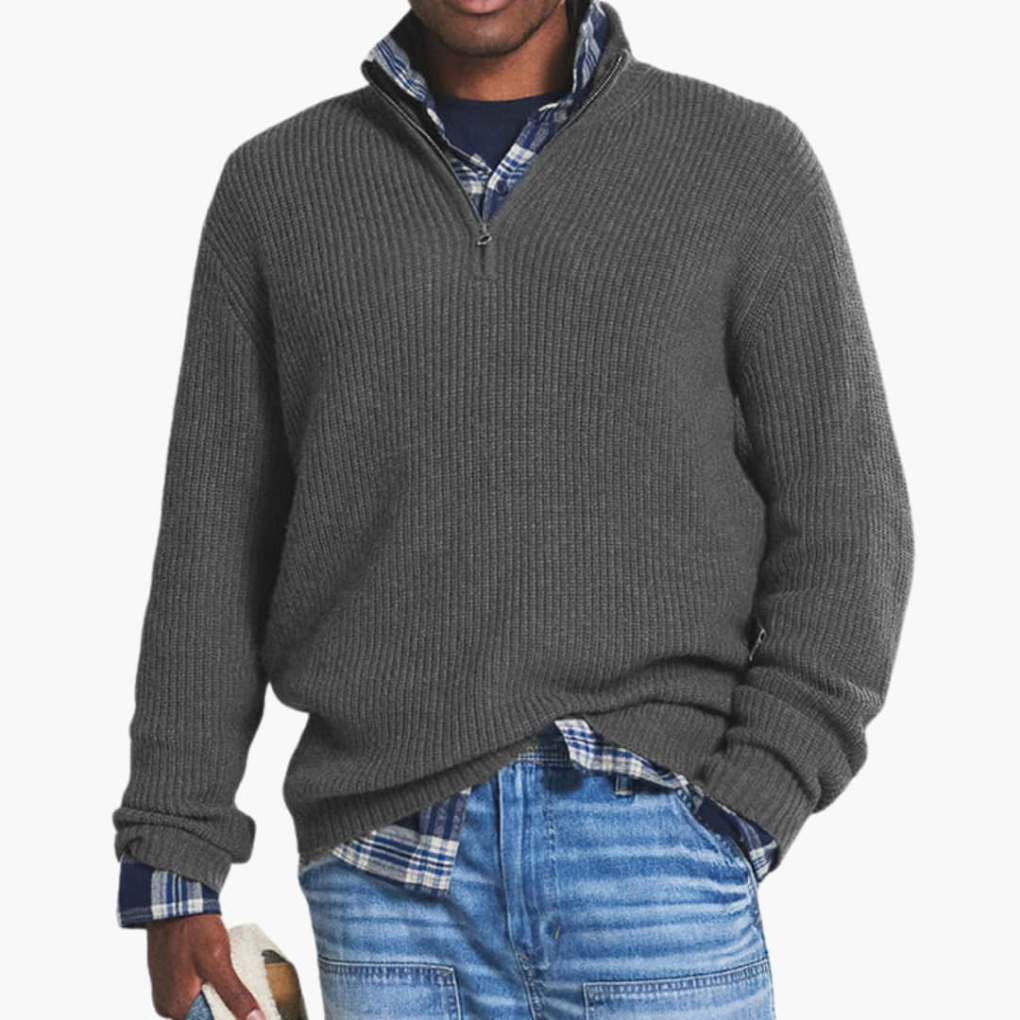 Menns Ribbet Strikket Pullover med Halv-Glidelås Hals
