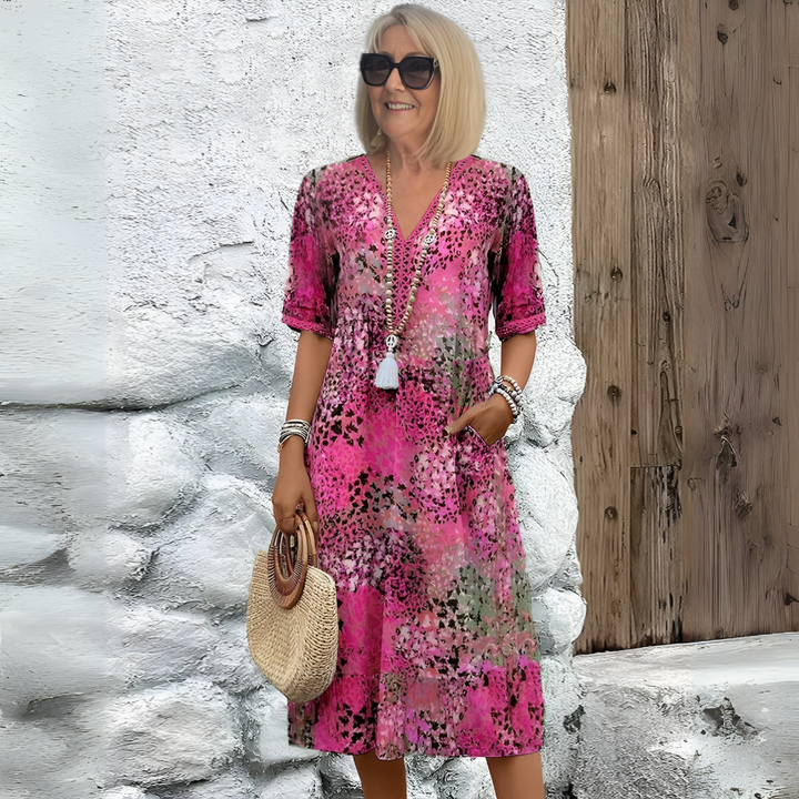 Soft midi dress with v-neck for women