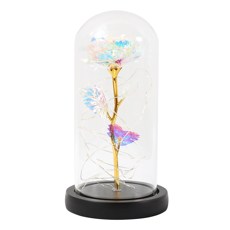 Rose under glasskuppel med LED-lys, romantisk gave