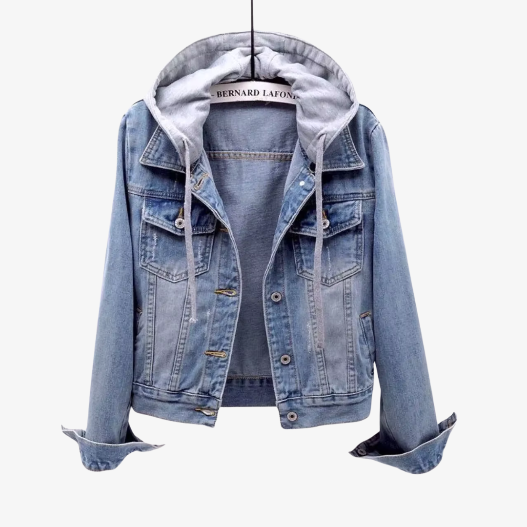 Stilig Kort Denim Jakke med Hette for Kvinner