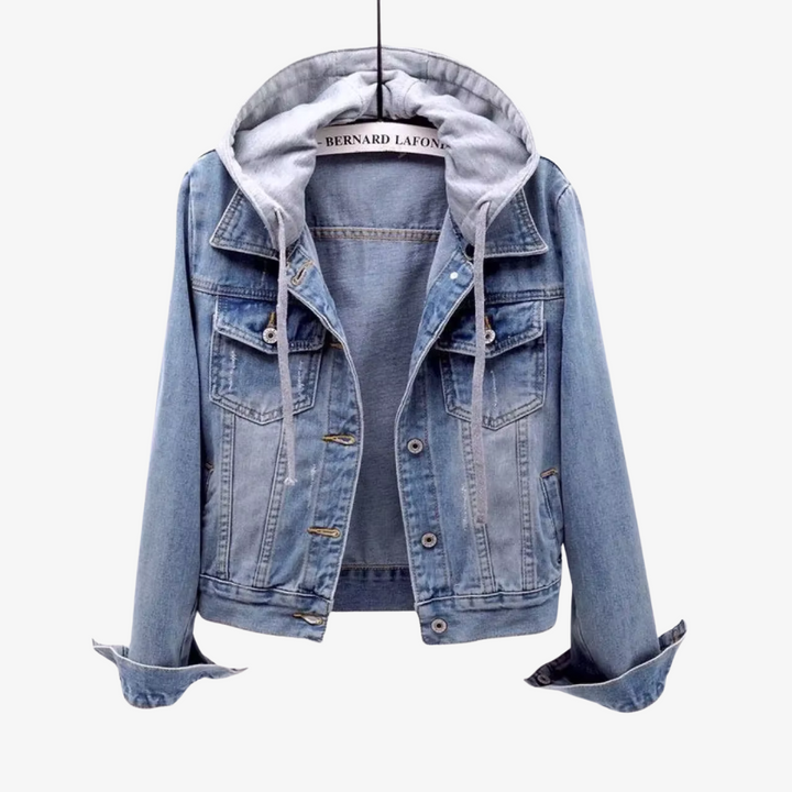 Stilig Kort Denim Jakke med Hette for Kvinner