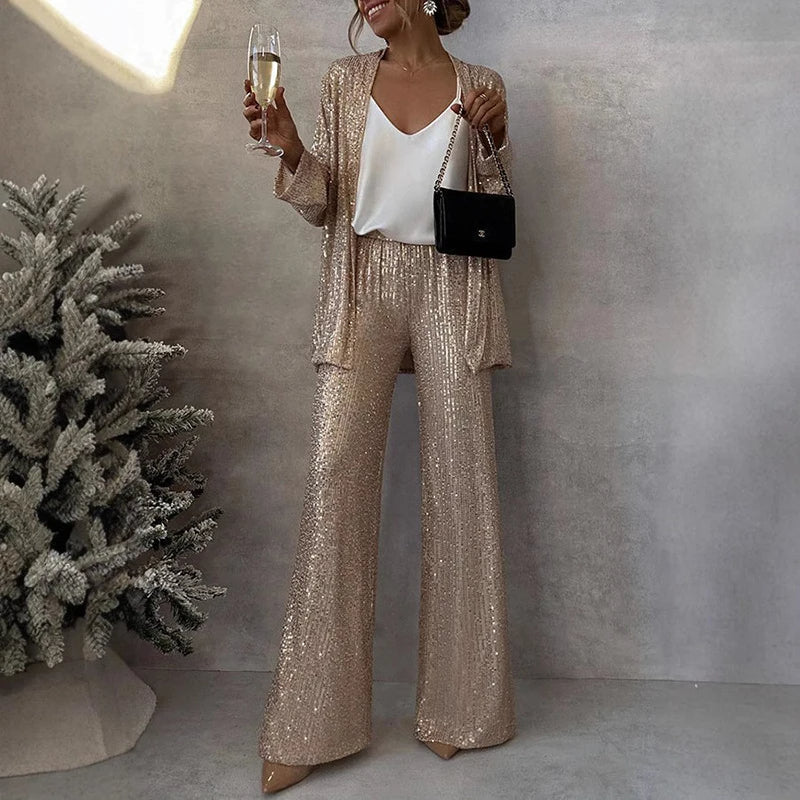 To-Delt Sequin Set med Høy Livbukse