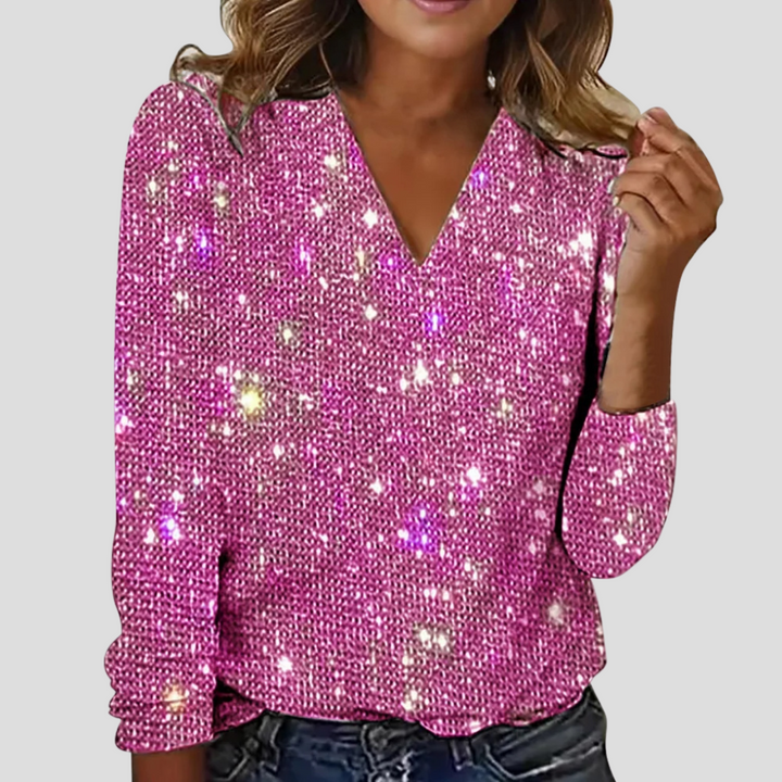 Elegant glitterbluse med V-hals og lange ermer