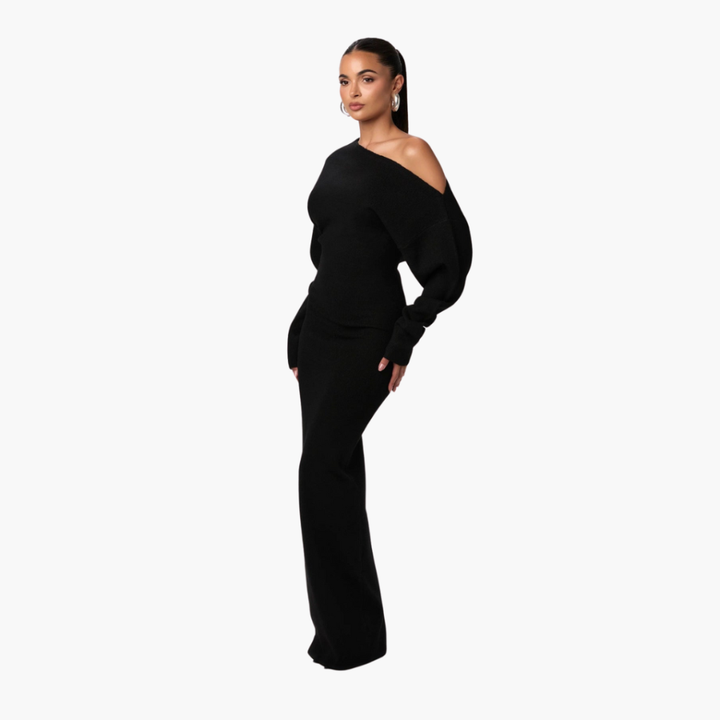 Off-Shoulder Strikkekjole for Damer – Elegant Kveldskjole
