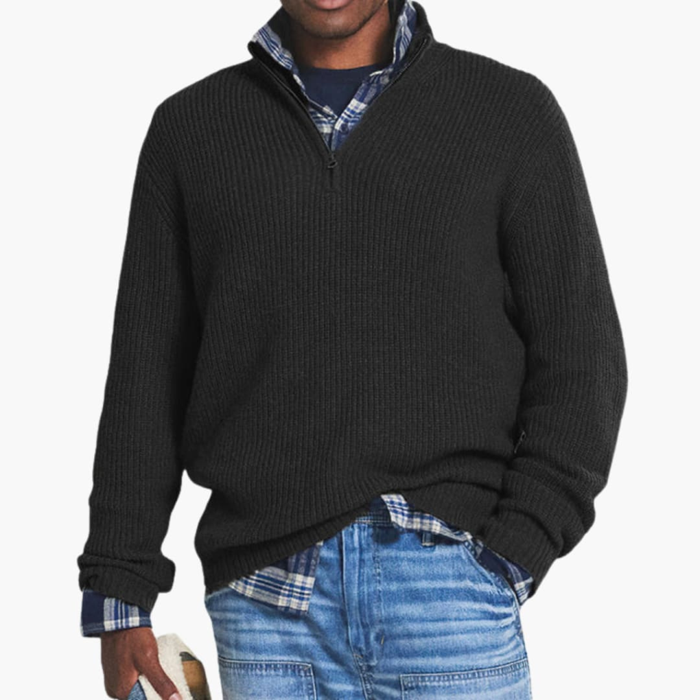 Menns Ribbet Strikket Pullover med Halv-Glidelås Hals