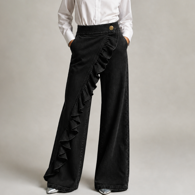 Vid dendimbukse til dame med asymmetrisk volang, culotte-stil