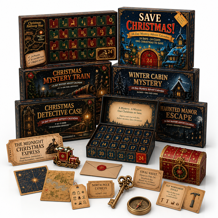 Escape room-adventskalender med 24 gåter og 6 hemmelige temaer