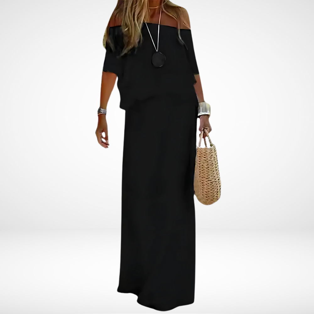 Elegant white maxi beach dress with off-shoulder fit