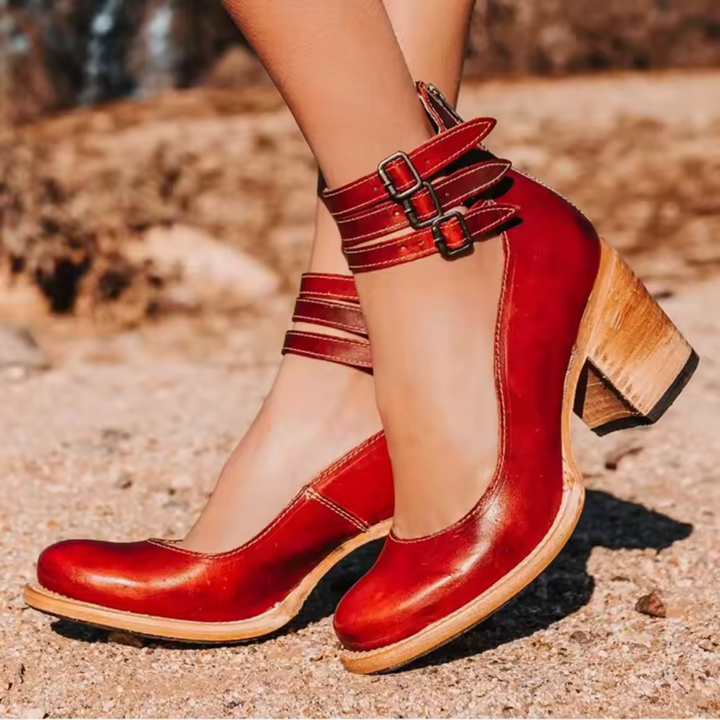 Vintage-inspired pumps with ankle strap and chunky heel