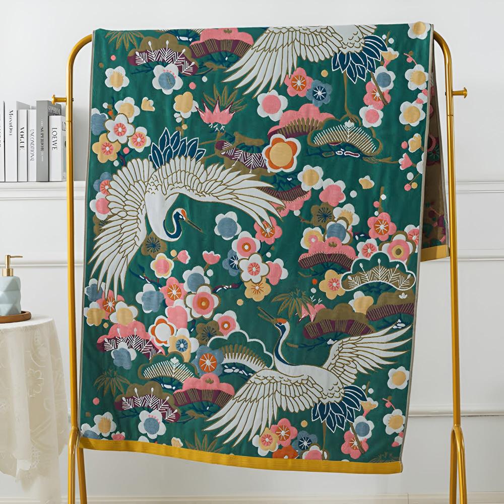 Luxurious bath towel with cranes and flowers