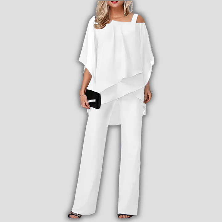 Elegant 2-piece chiffon pantsuit with layered cape top