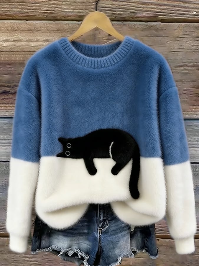 Oversized genser med kattetrykk