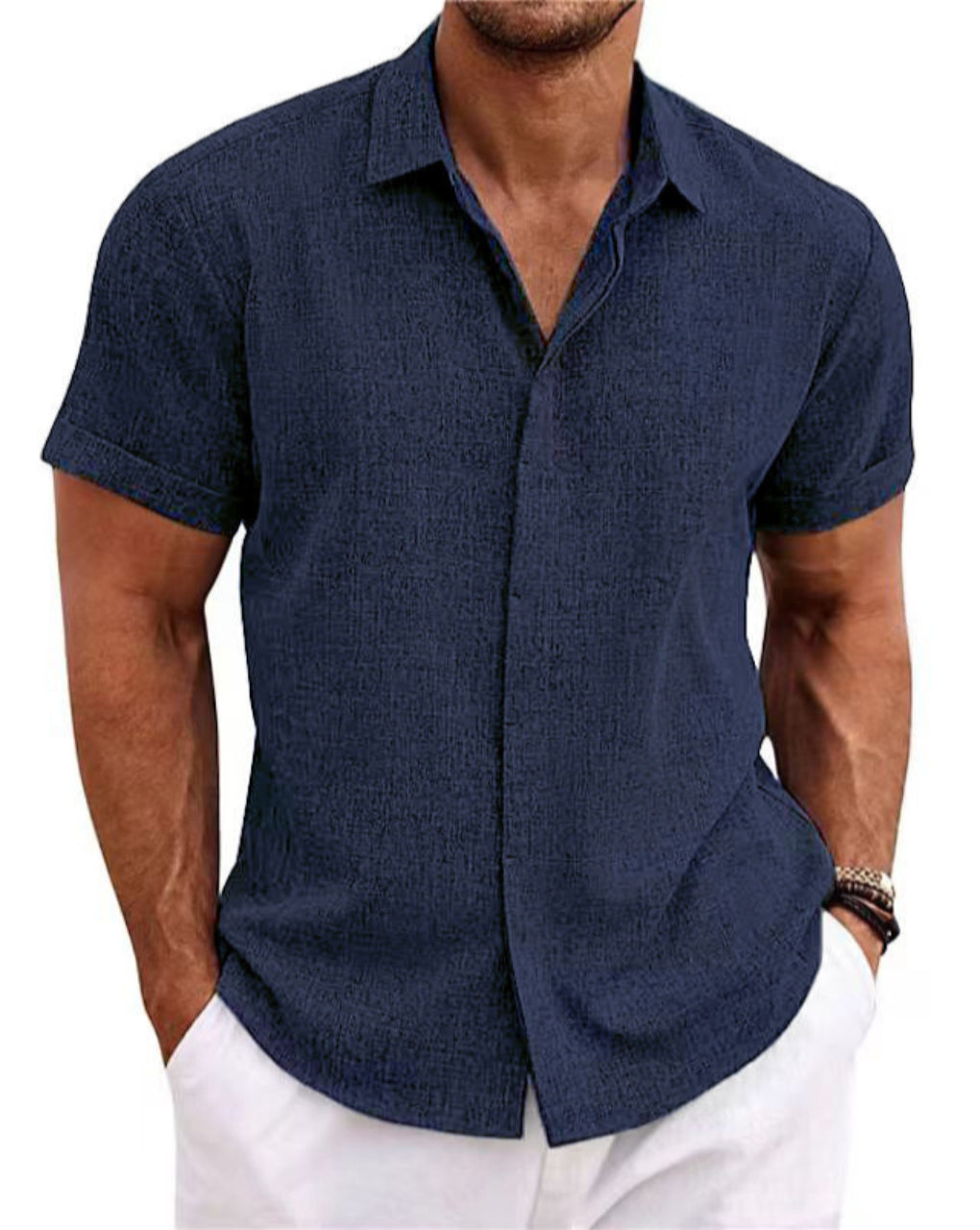 Short-sleeved men's shirt in cotton and linen