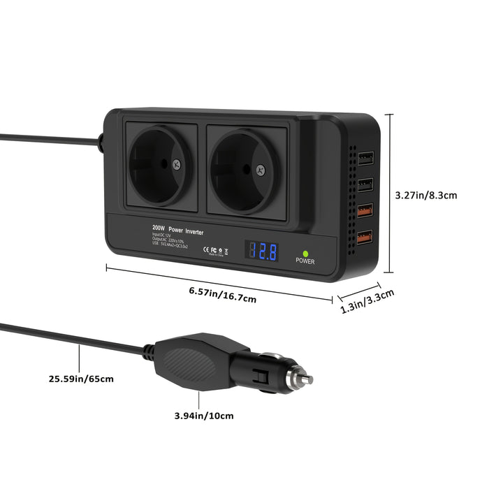 Kompakt bilinverter 200W – To stikkontakter og fire USB-porter