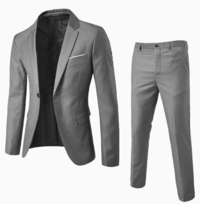 Two-piece Solid Color Slim-fit Coat Suit Pants