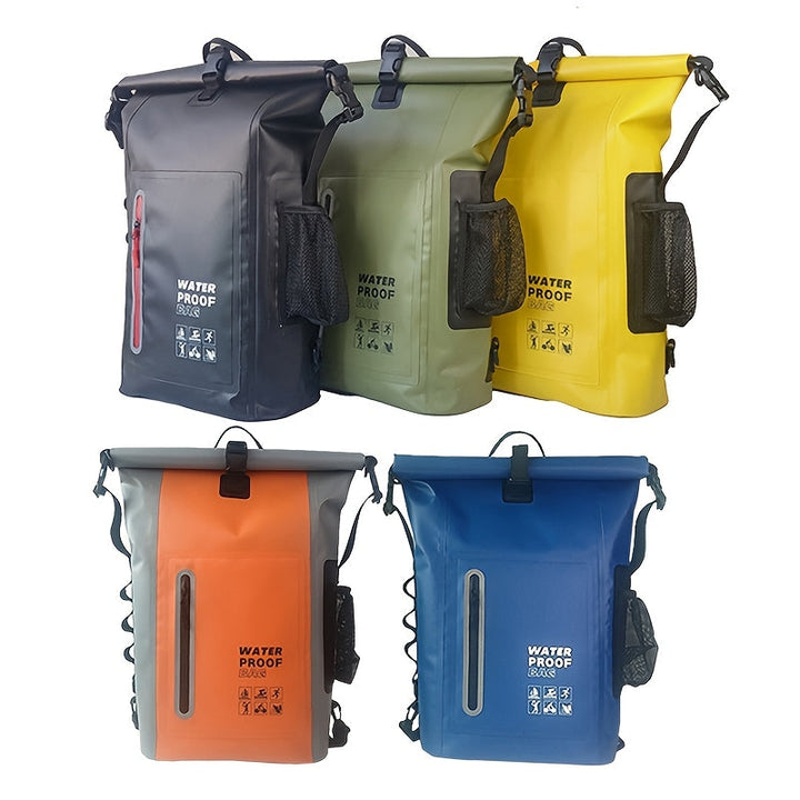 Vanntett 25L sekk med roll-top-lukking, flere lommer, solid spennelukking og nettsidelomme