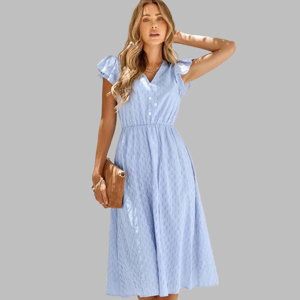 Women's dress with fluttering V-neck and ruffles