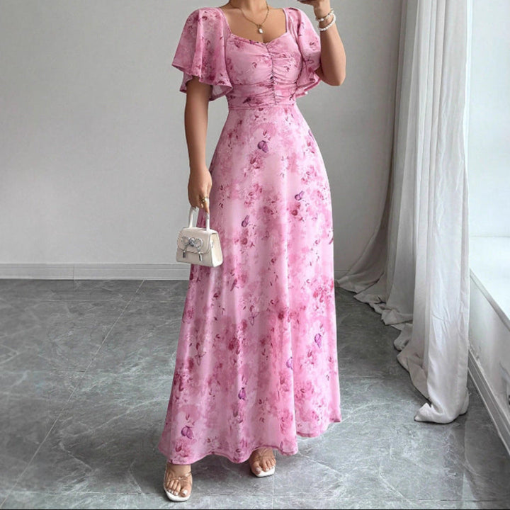 Flowers Printed Lotus Sleeve Dress Summer Elegant Slim Dresses Women's Clothing