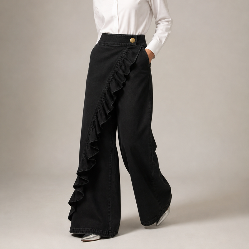 Vid dendimbukse til dame med asymmetrisk volang, culotte-stil