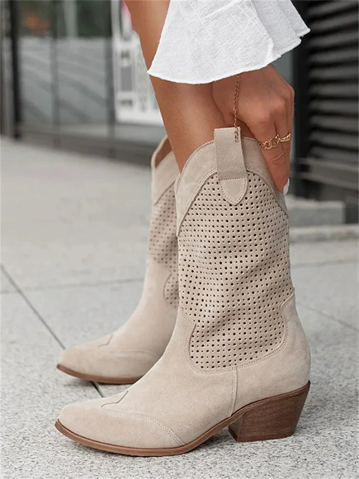 Western Cowboy Boots with Low Heel and Mid-Calf Shaft