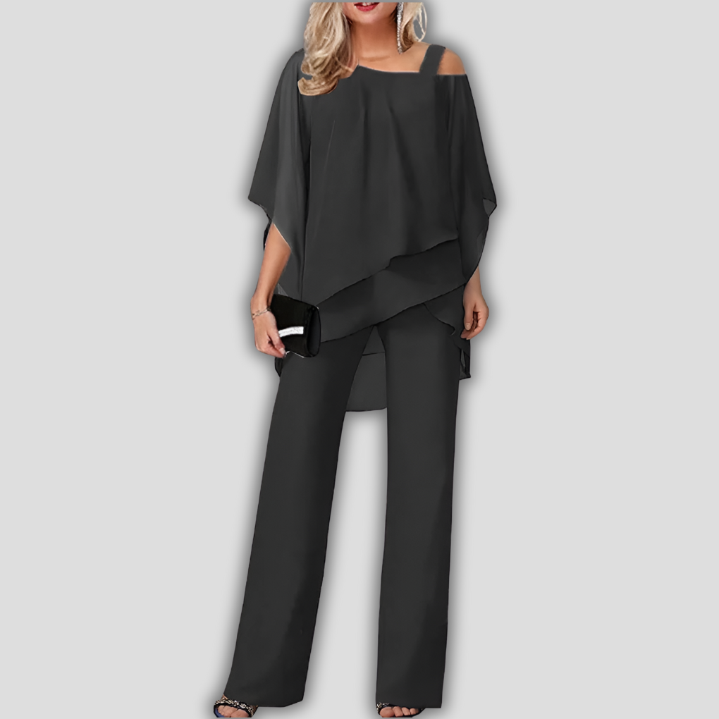 Elegant 2-piece chiffon pantsuit with layered cape top