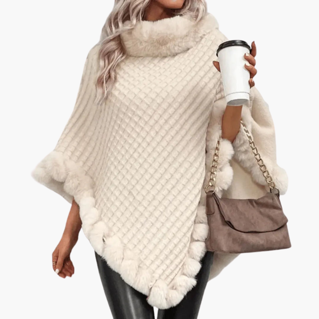 Kvinners Strikket Poncho med Faux Fur Kant og Oversized Passform